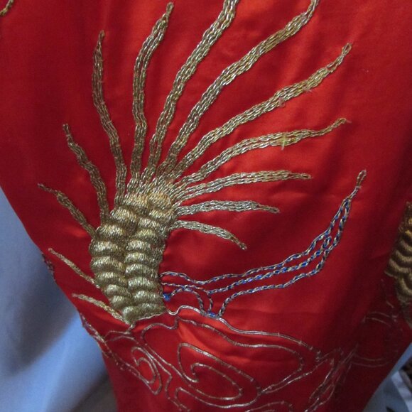 Exotic Kimono Style Robe Cherry Red Gold Blue Metallic Accents - Picture 14 of 16